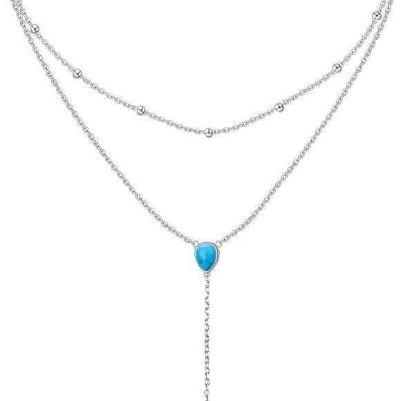 Layered Necklace S925 Sterling Silver Teardrop Double Choker Y Lariat Long Chain